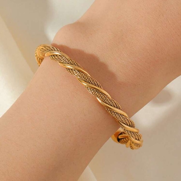 Gold Plated Stainless Steel Braided Cuff Bracelet | Adjustable Open Bangle - Picture 3 of 3
